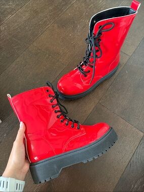Weebo Bold Red Patent Lace-Up Platform Boots for Women Size 7.5 *With Box
